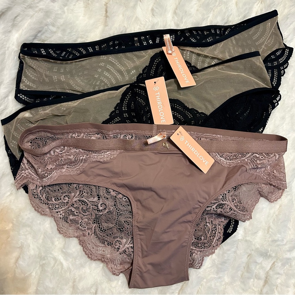 ThirdLove Lace Panties Black & Tan and Mauve Intimates Trio